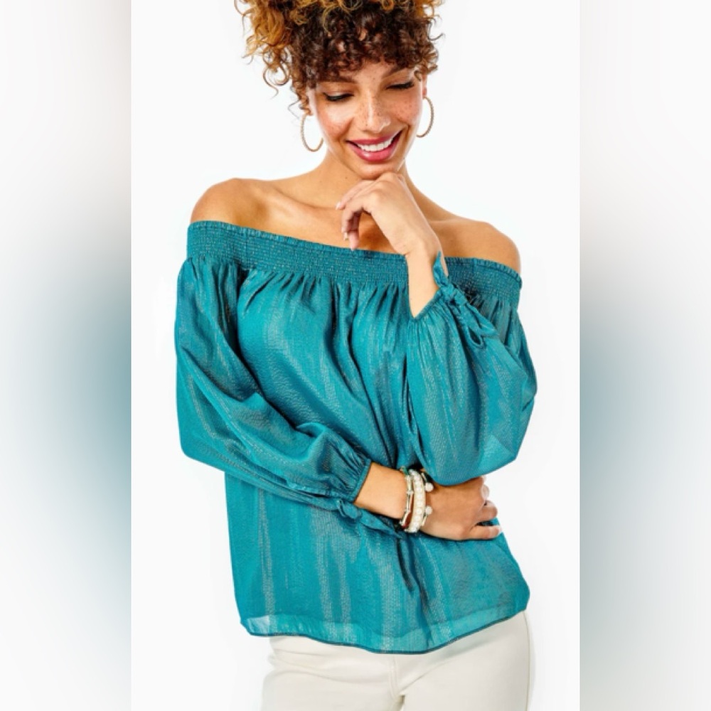 Lilly Pulitzer Maryellen Off-The-Shoulder Top Valencia Teal Metallic Stripe L